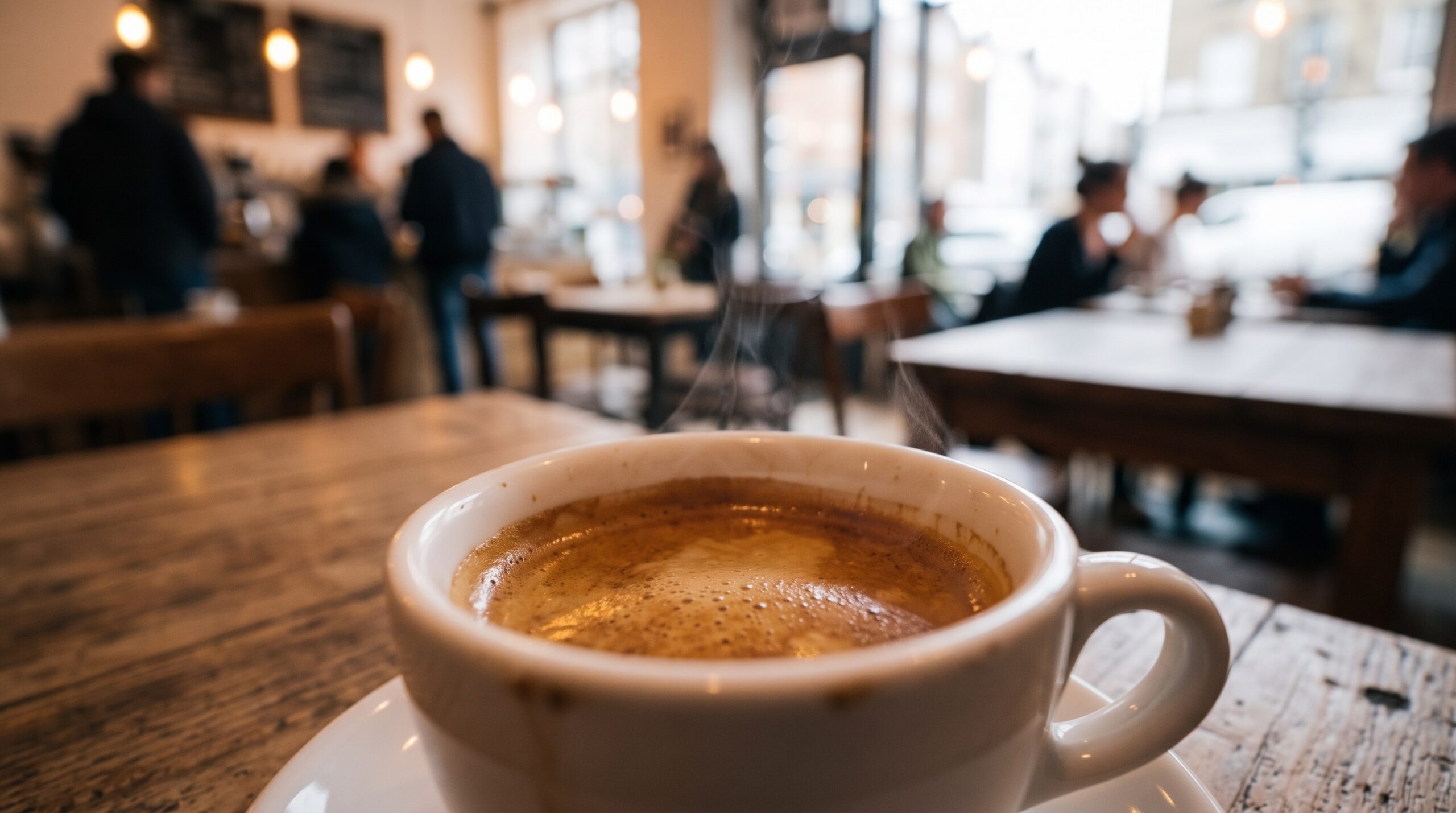 Cangkir kopi espresso hangat yang mengeluarkan uap tipis di atas meja kayu 2