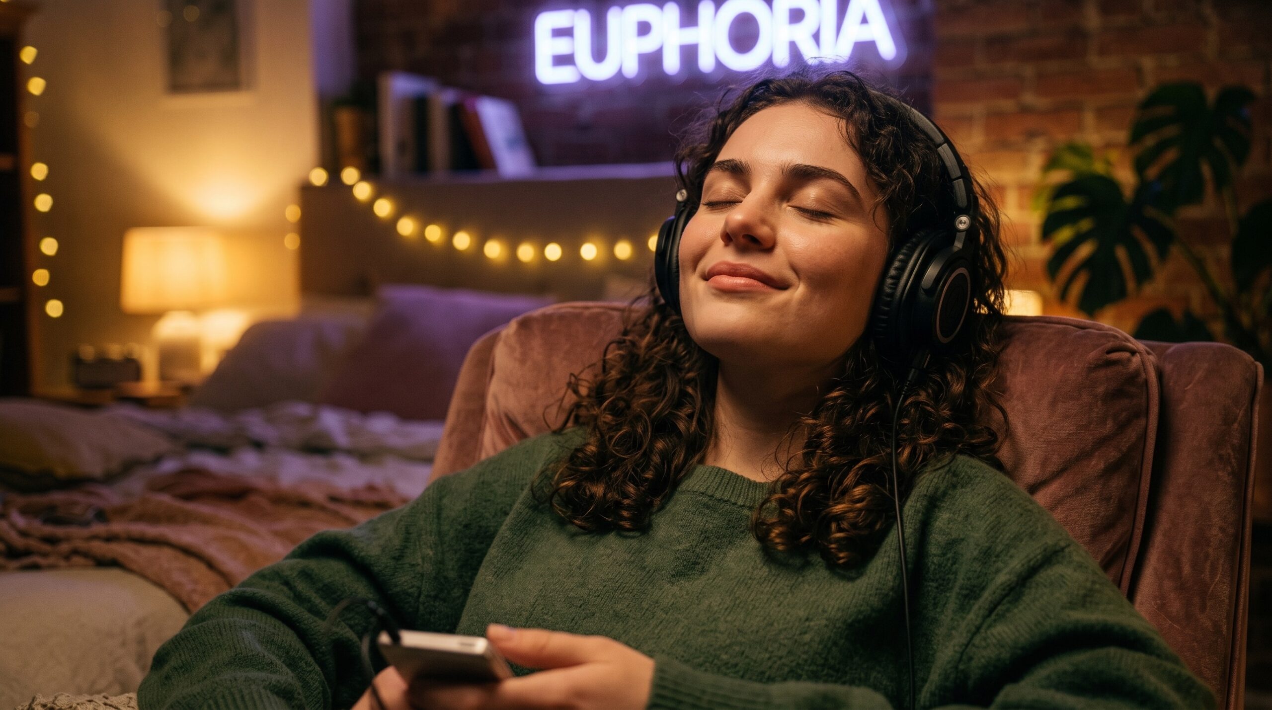 Seseorang sedang memejamkan mata menikmati musik menggunakan headphone berkualitas tinggi 2