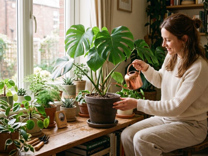 Seseorang sedang menyiram tanaman hias Monstera dalam pot terakota dengan gembor air kecil 1