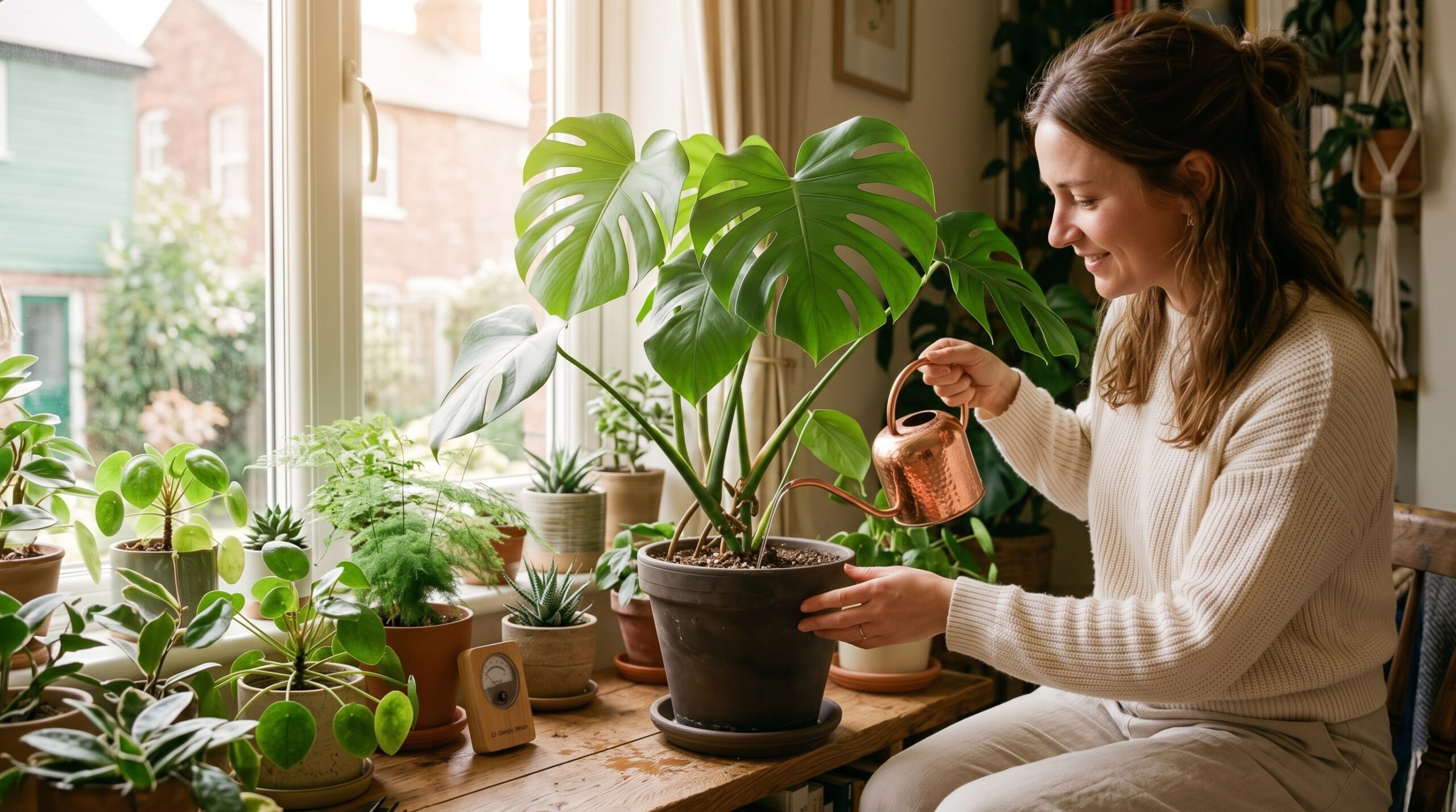 Seseorang sedang menyiram tanaman hias Monstera dalam pot terakota dengan gembor air kecil 2
